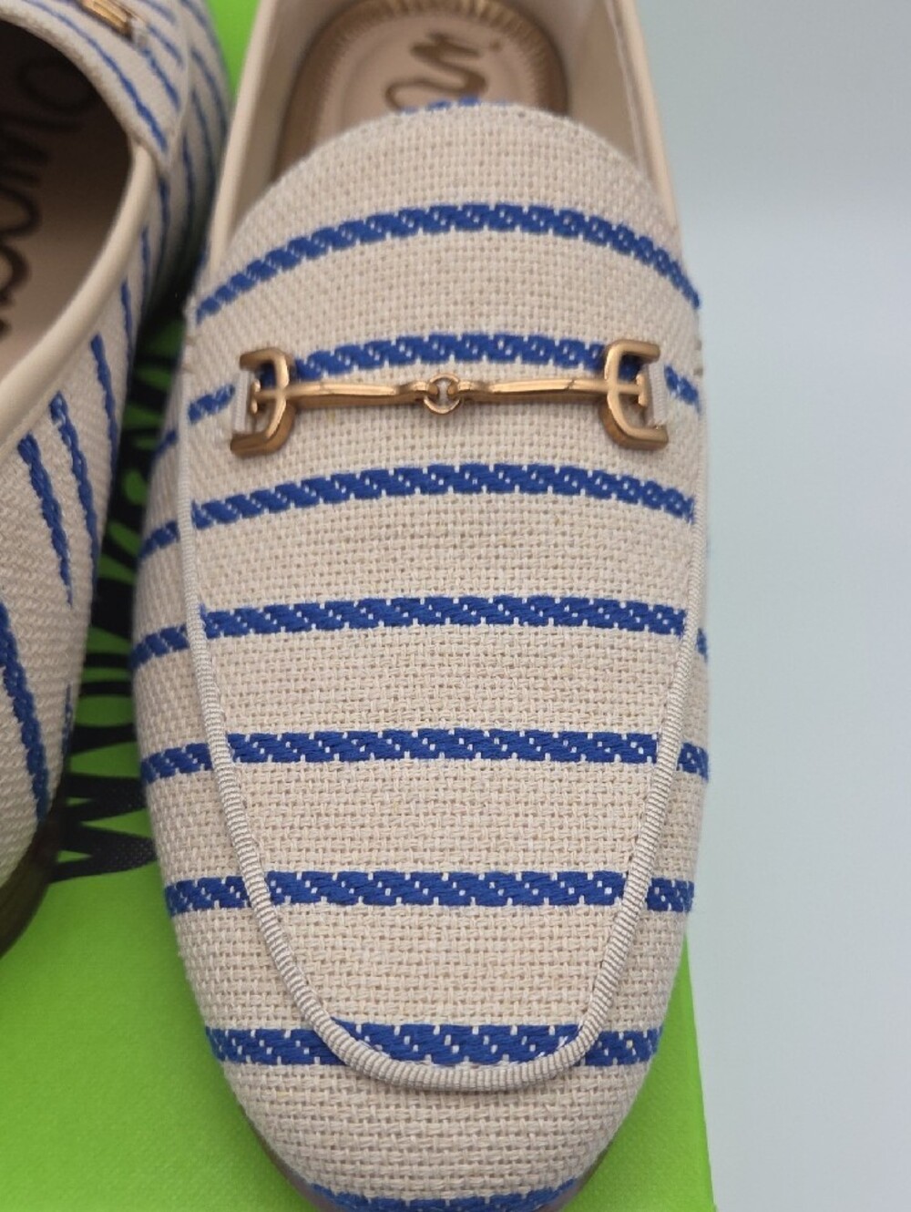 Sam Edelman Beige and Blue Striped Loafers with Gold Hardware - Picture 6 of 7